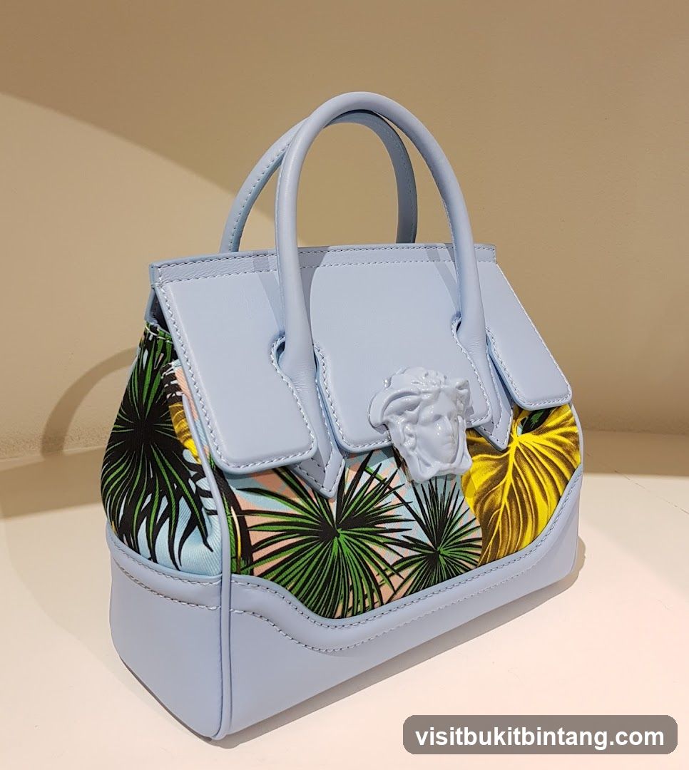 Light Blue Handbag with Tropical Print