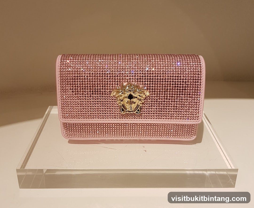 Pink jeweled clutch with Medusa head emblem