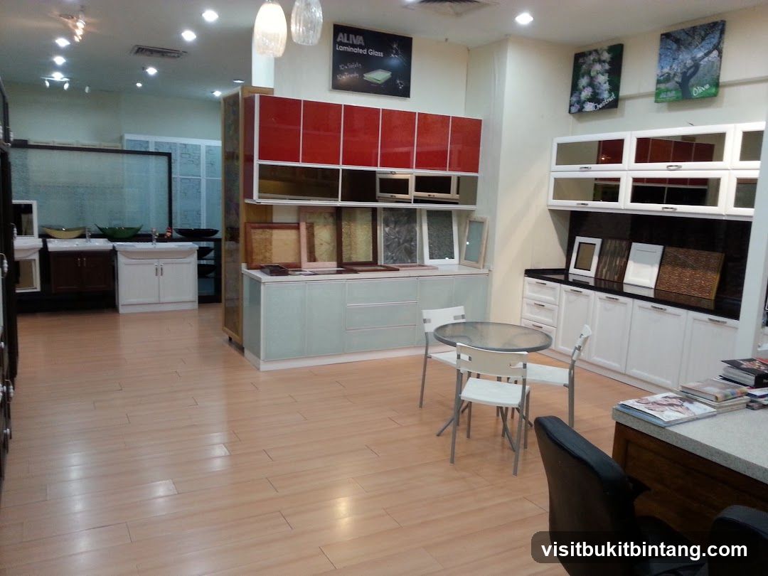 Interior of a showroom with kitchen and bathroom displays