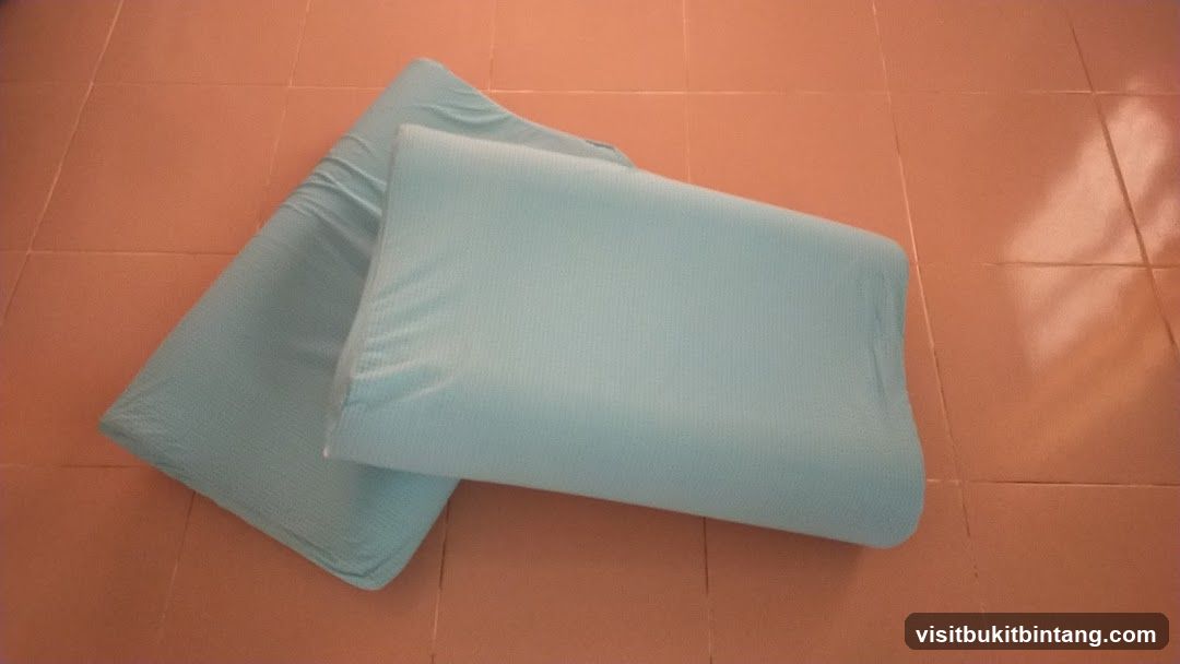 Two light blue pillows on a tiled floor