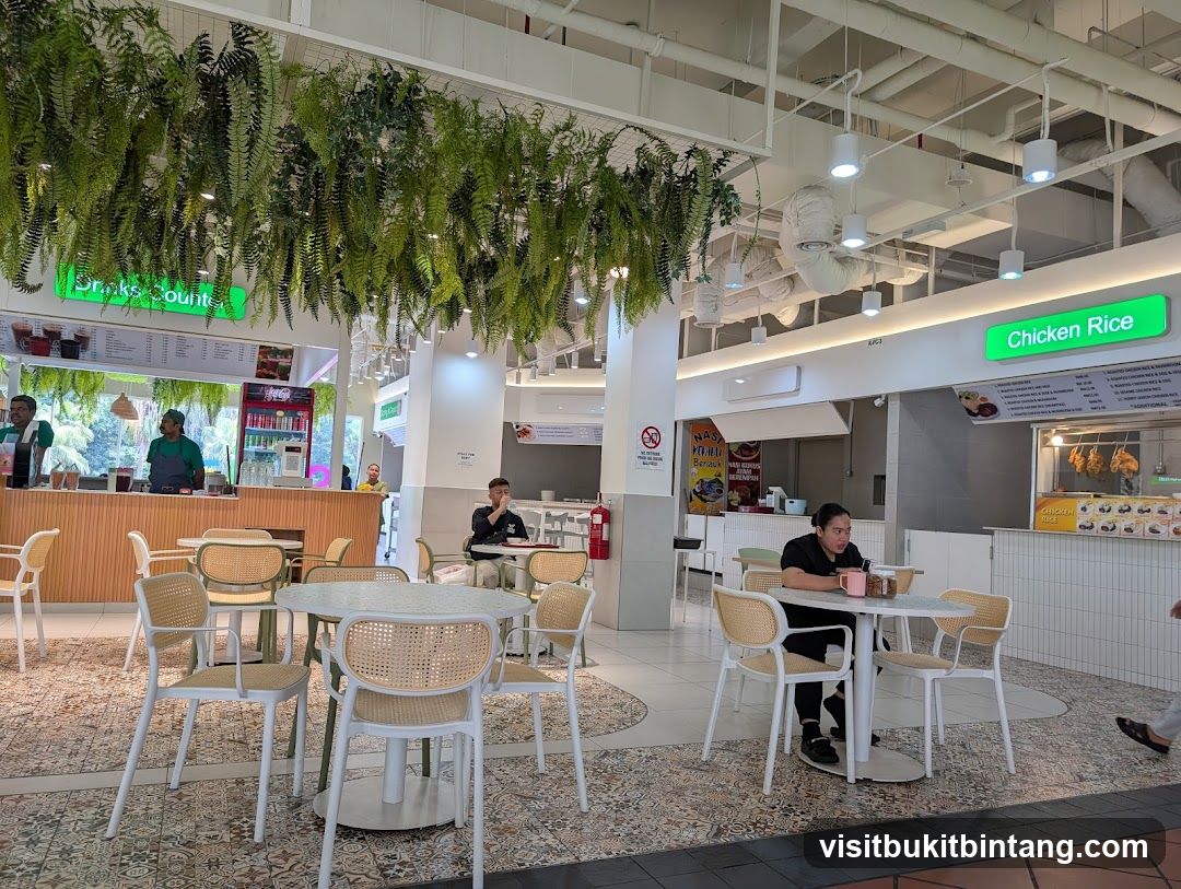 Food court with seating and food stalls