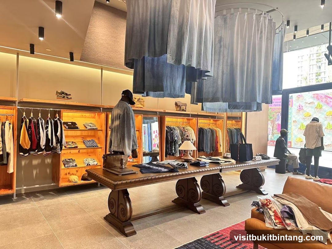 Clothing store interior with display tables and racks