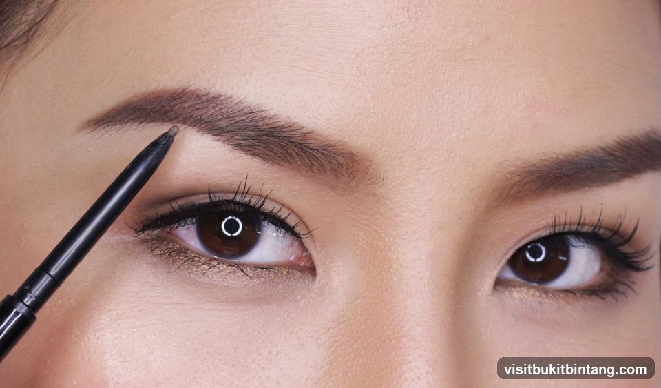Close-up of a person's eye and eyebrow being filled in with a pencil.