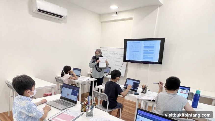 Children in a classroom learning on laptops