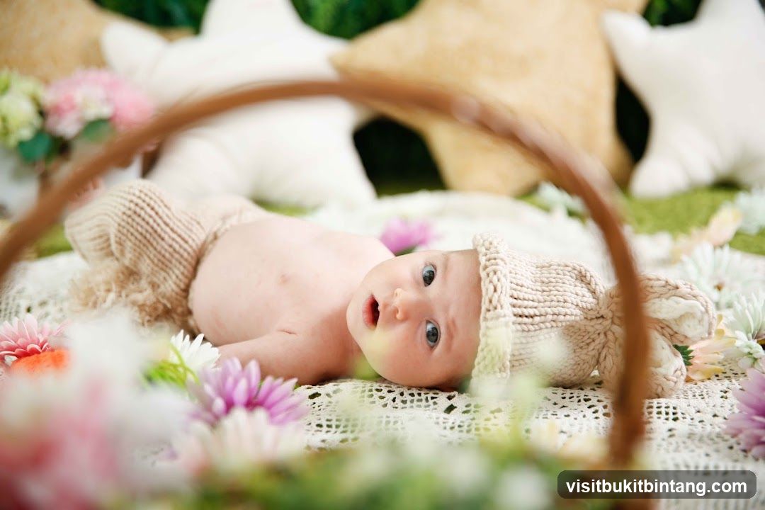 Baby in a basket with flowers