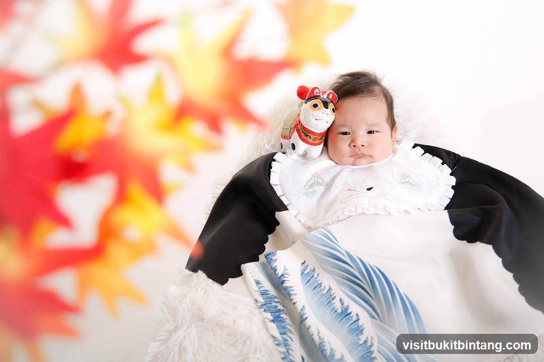 Baby with a toy cat and autumn leaves