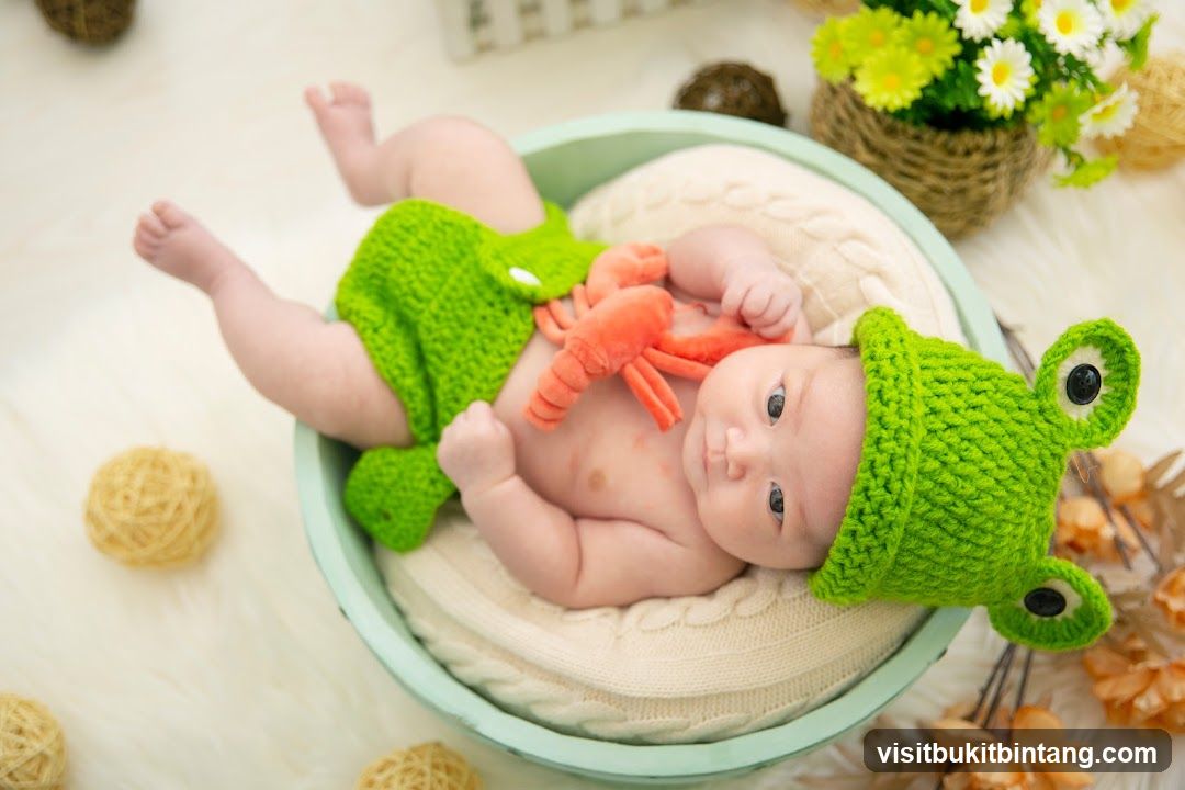 Newborn baby in frog costume