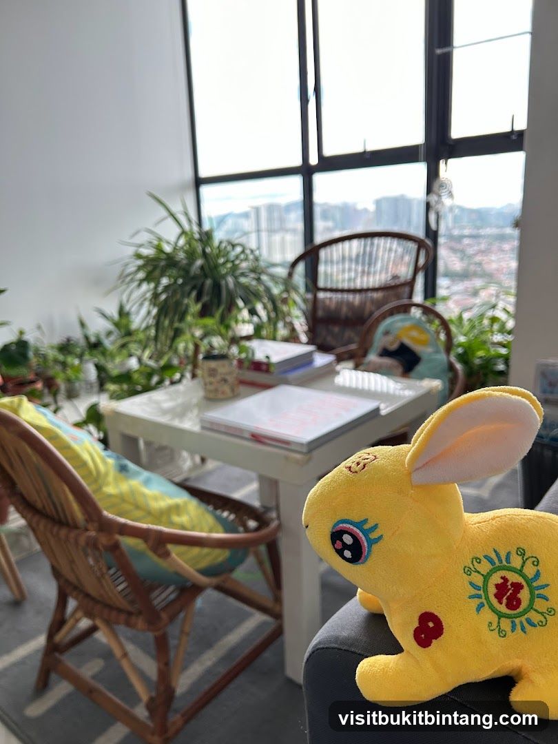 Cozy corner with plants and a stuffed rabbit