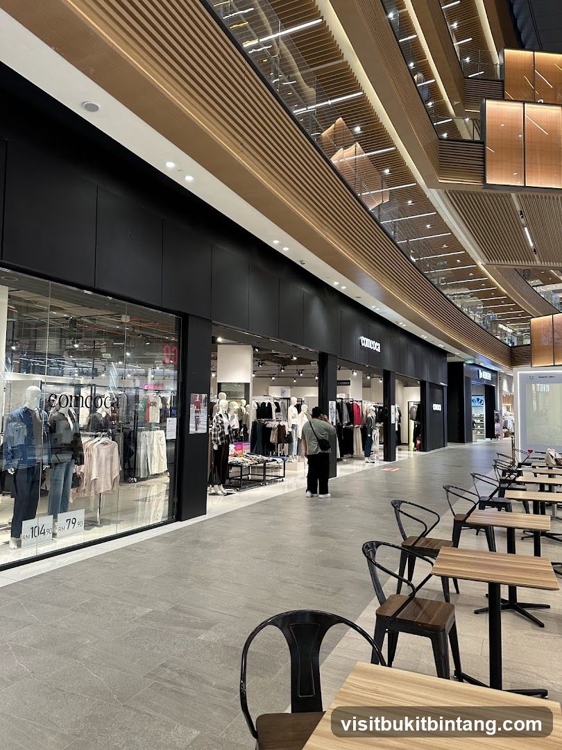 Modern Shopping Mall Interior with Clothing Stores and Seating Area