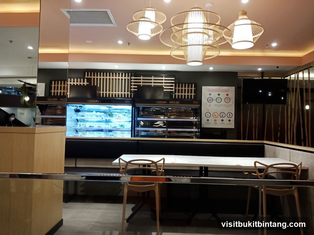 Restaurant Interior with Display Cases and Seating