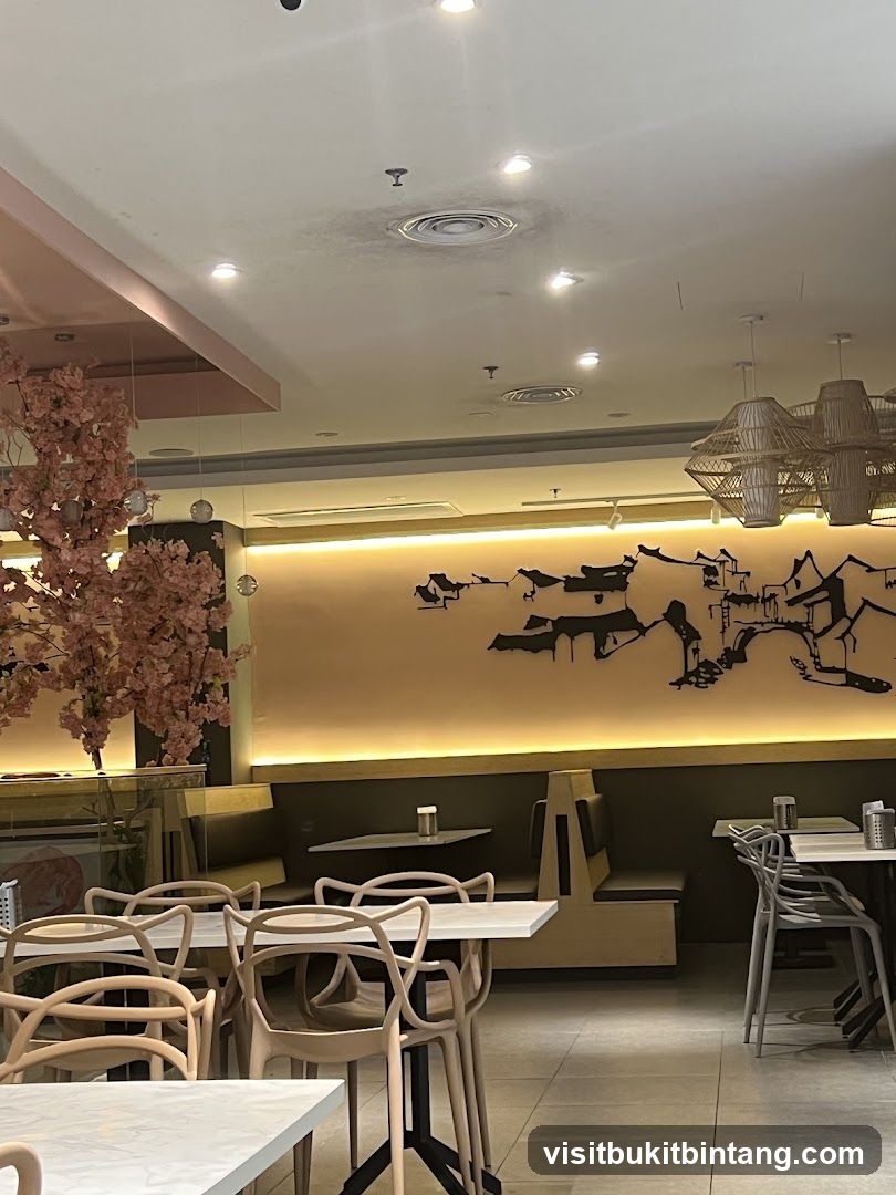 Restaurant Interior with Cherry Blossoms and Asian Art