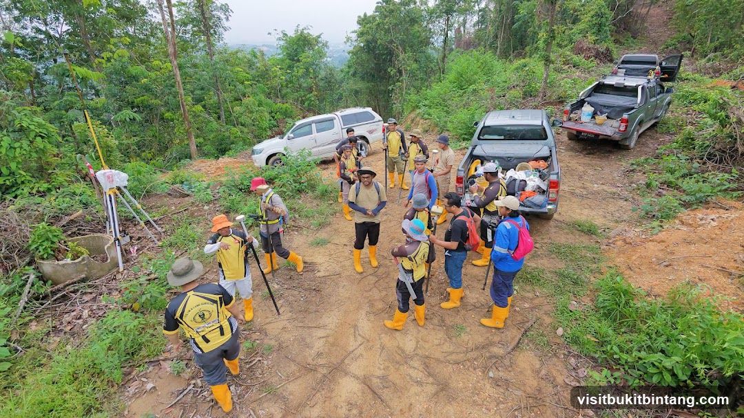 Surveyors gathered in a wooded area