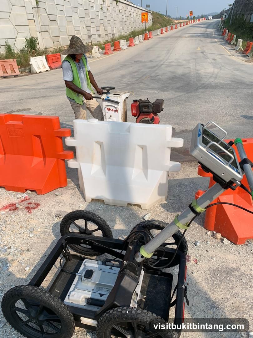 Construction worker with ground penetrating radar equipment