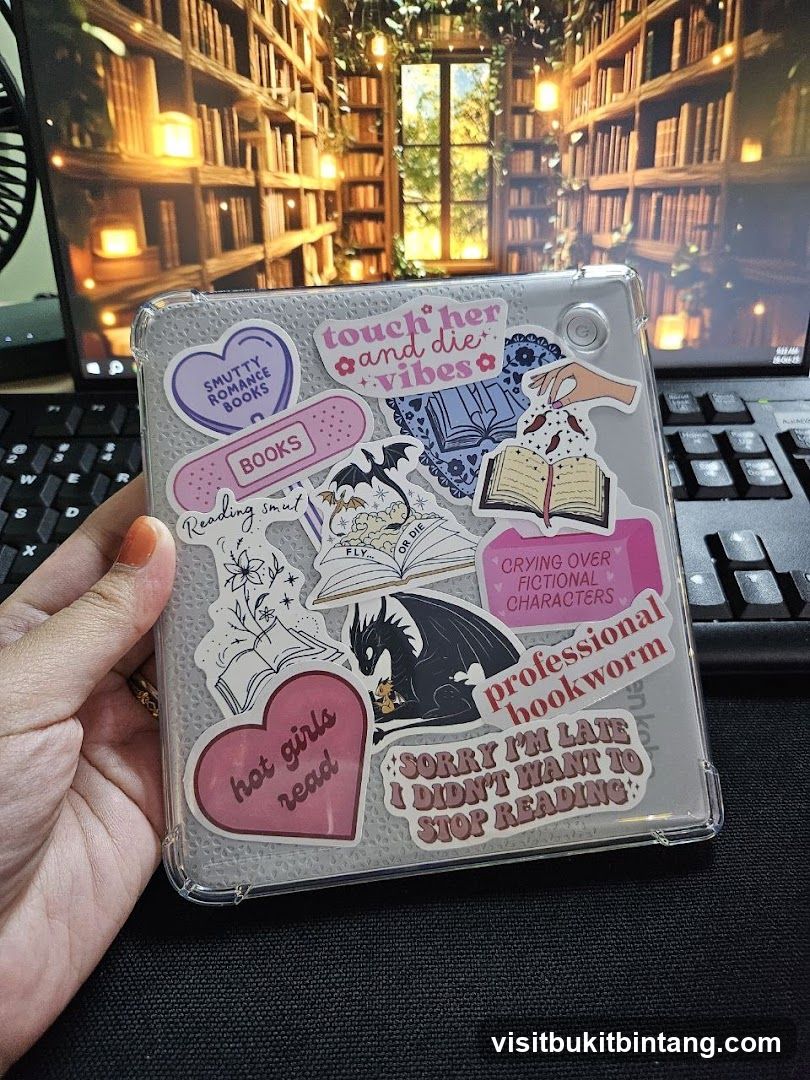 Tablet with book-themed stickers