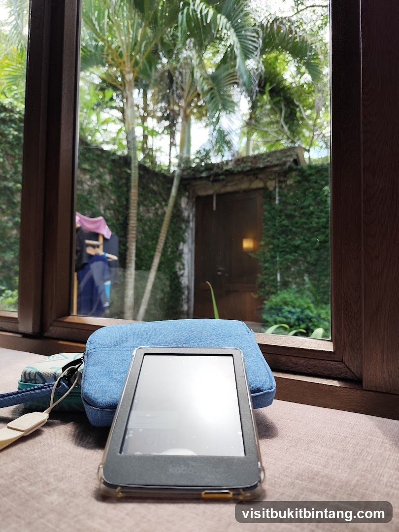 E-reader and bags by the window