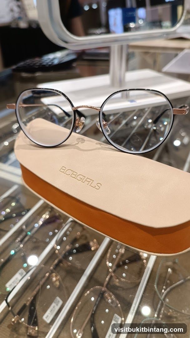 Eyeglasses on display case