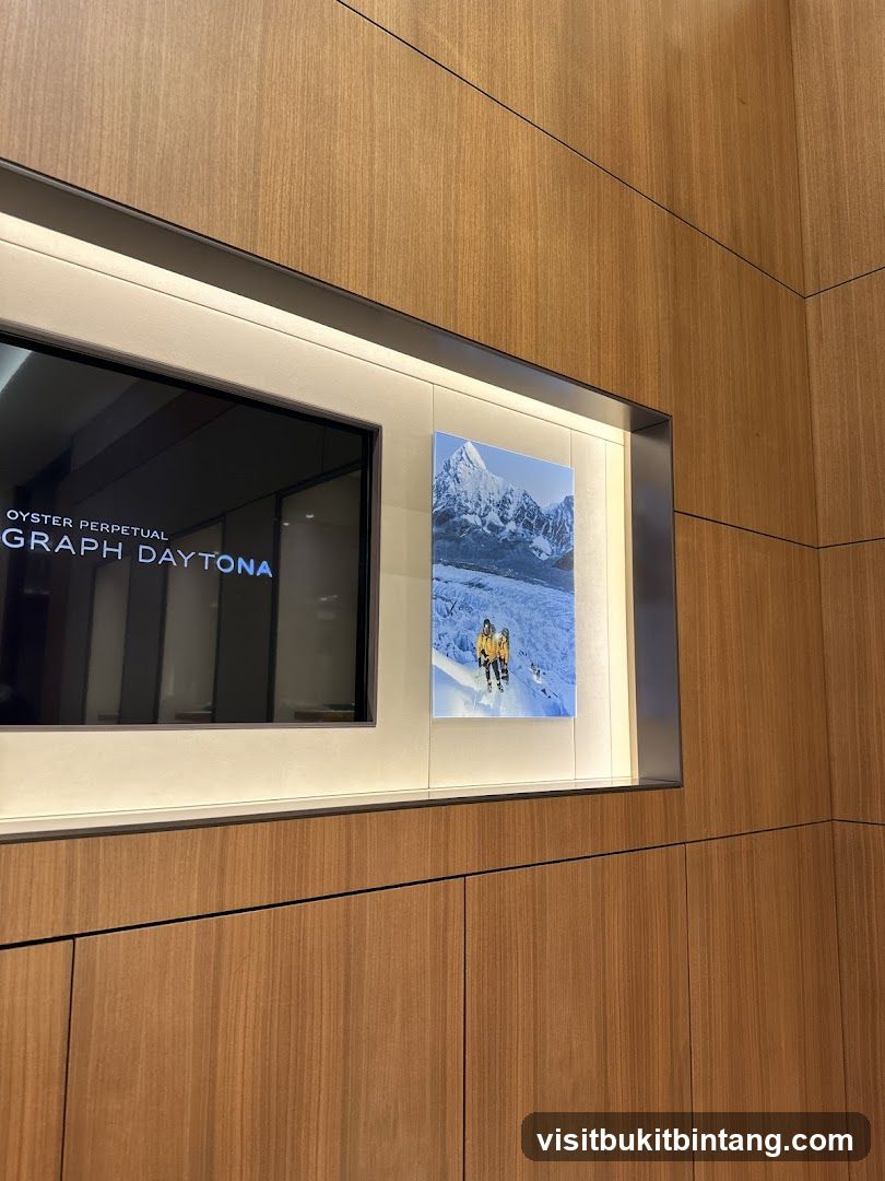 Display with watch advertisement and mountain photograph