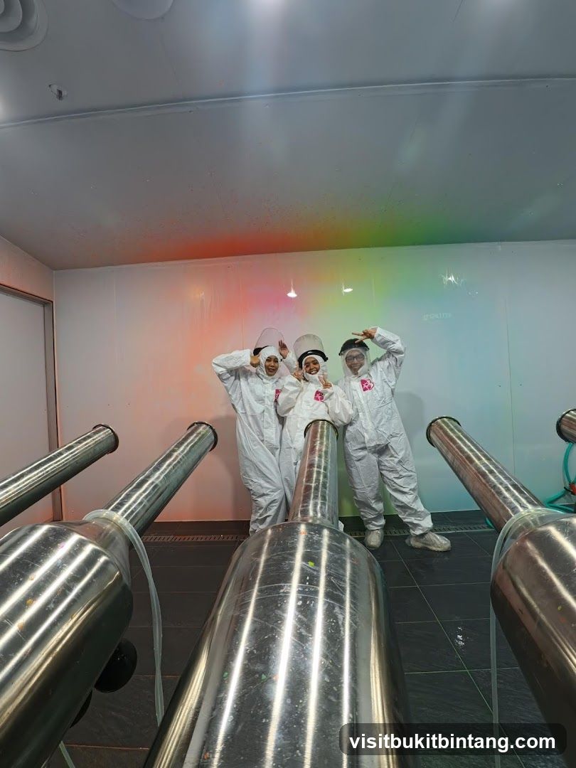 People in protective suits with paint cannons