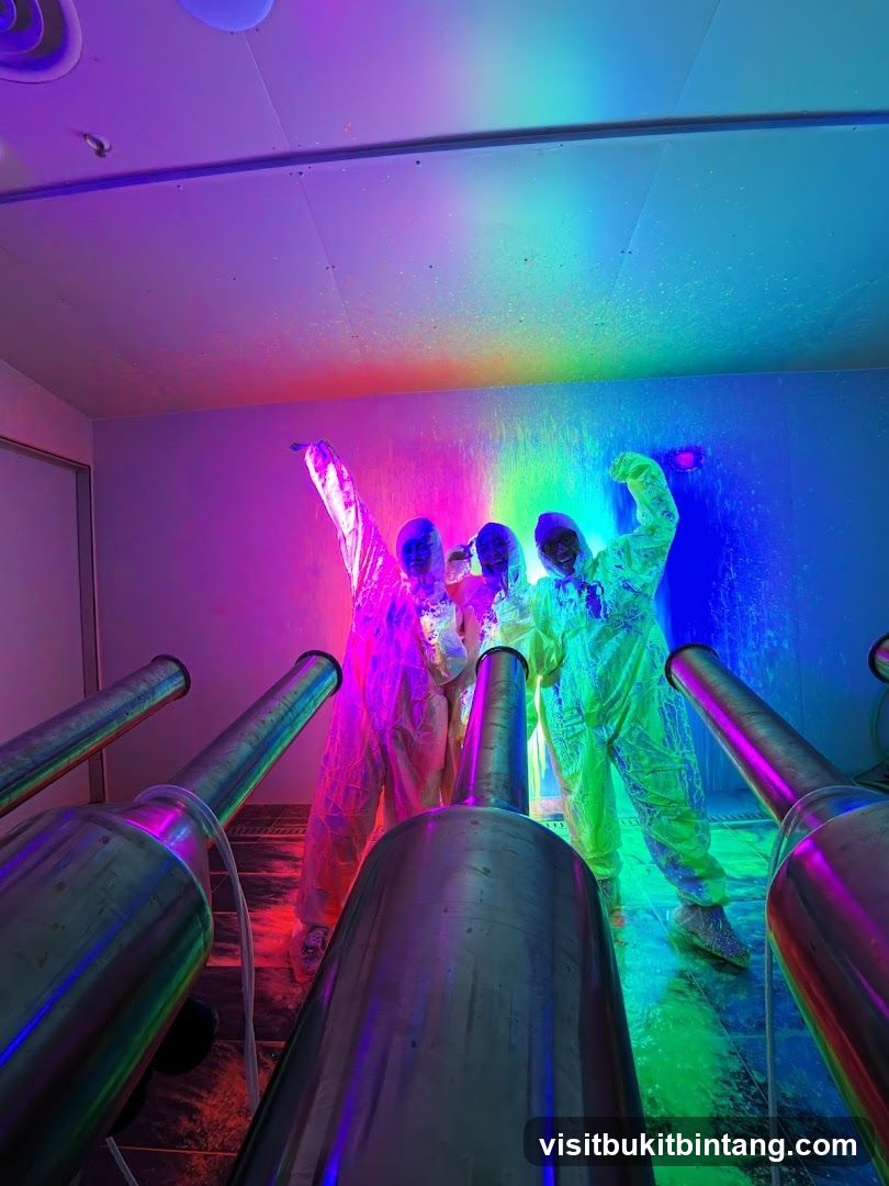 People in protective suits in a neon-lit room