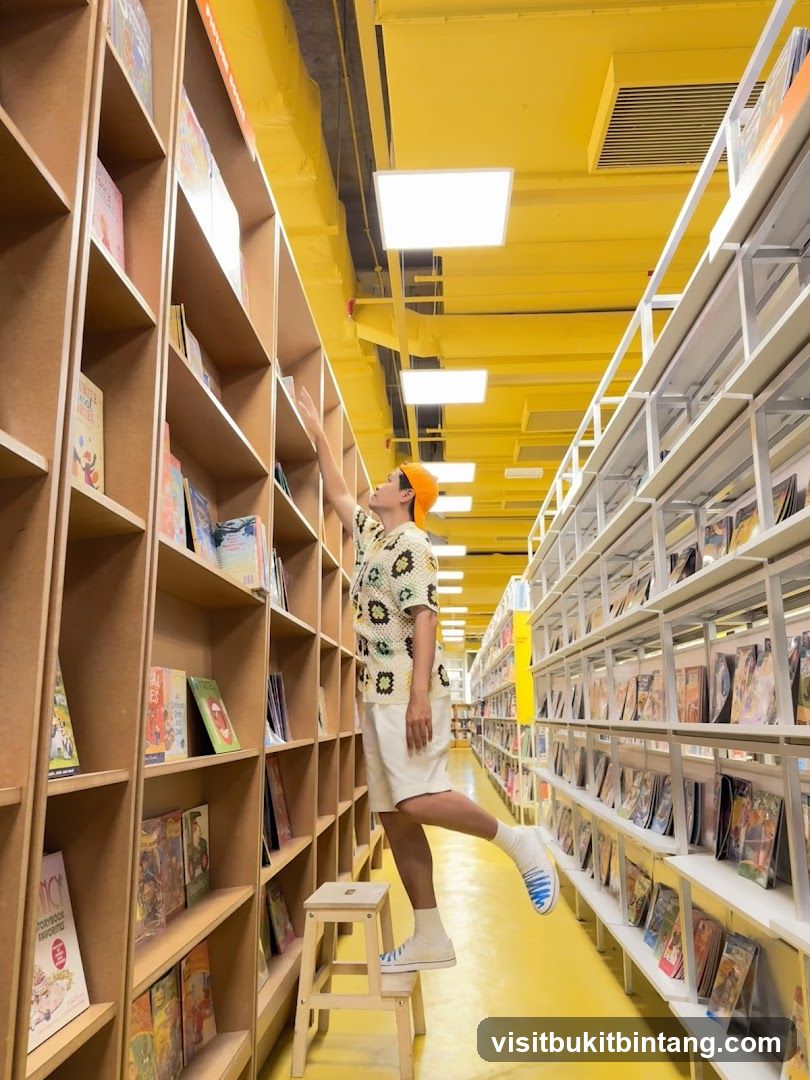 Person reaching for a book in a brightly lit bookstore