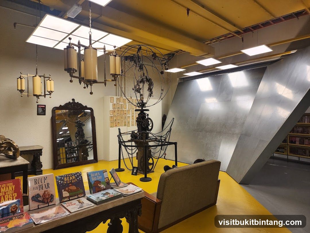Interior of a room with books and art installations