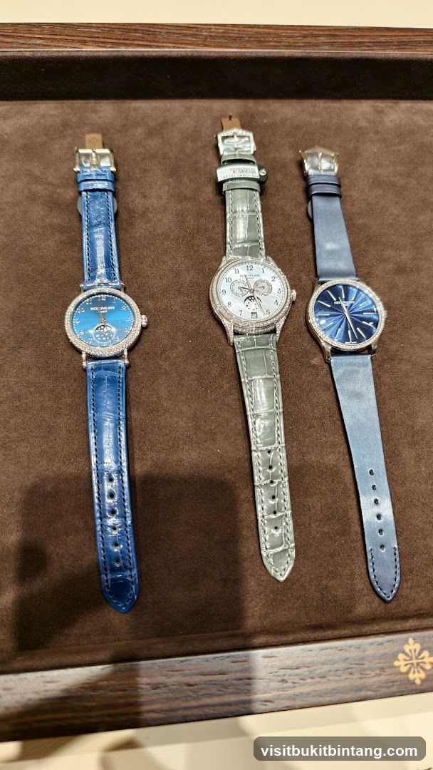 Three luxury watches on display