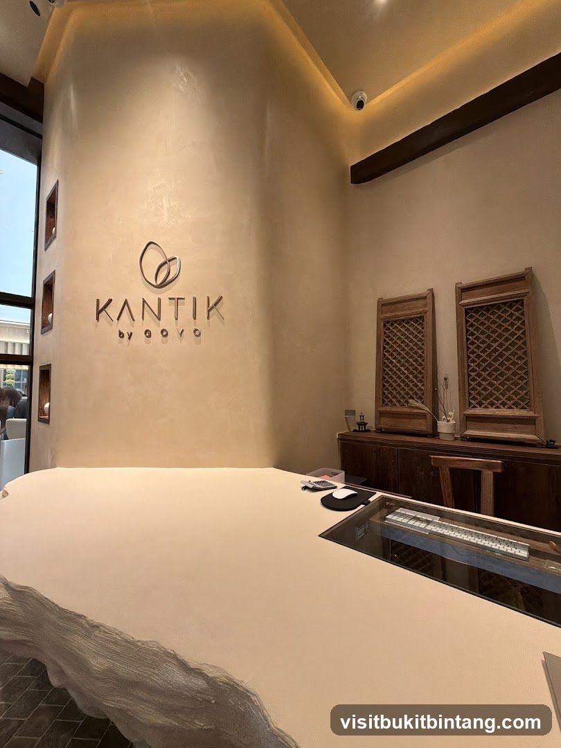 Interior of a store with a large counter and branding