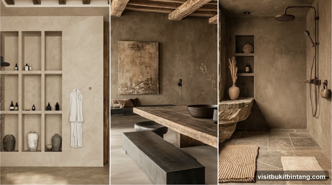 Earthy Bathroom and Dining Area