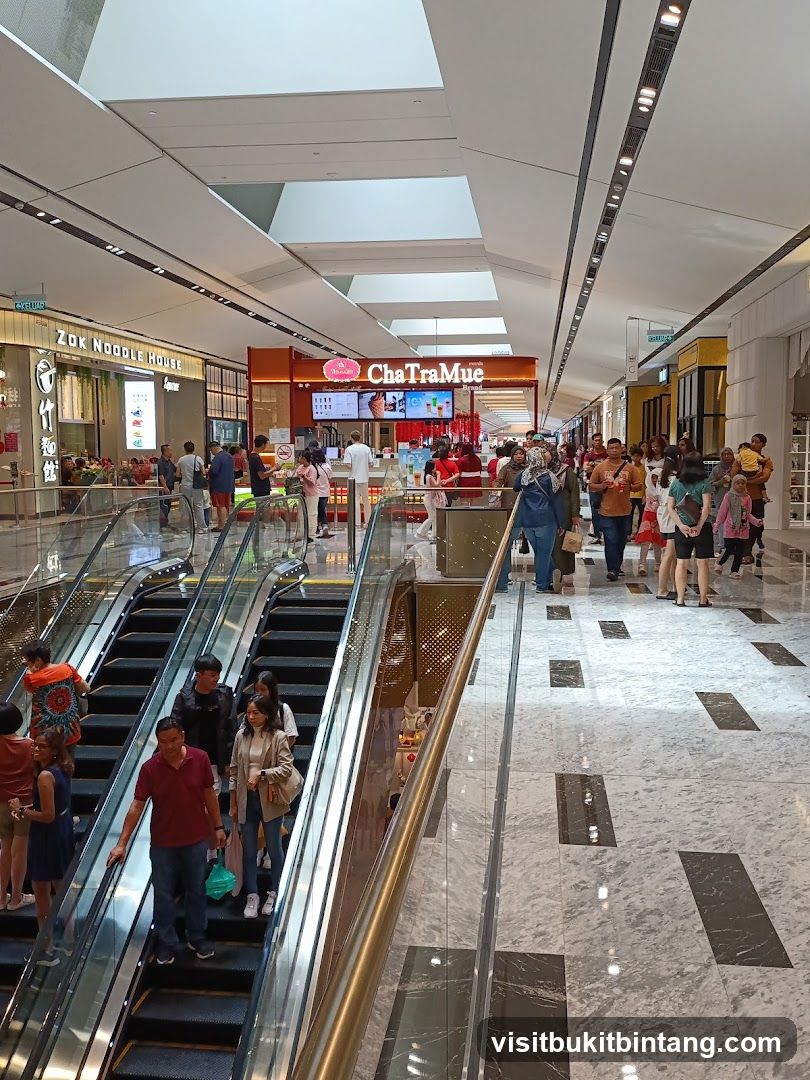 Busy Shopping Mall with Escalators and Food Stalls