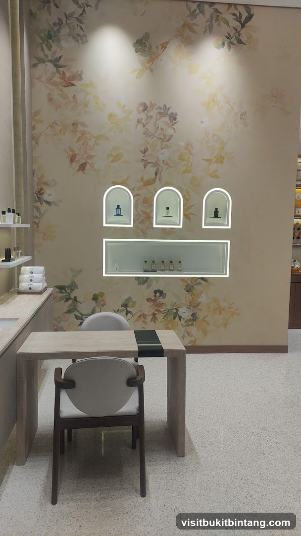 Interior of a store with floral wallpaper
