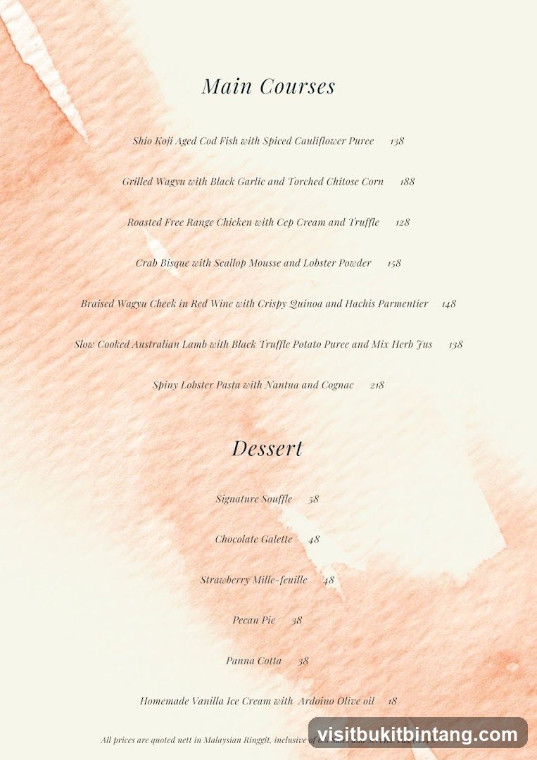 Main Courses and Dessert Menu