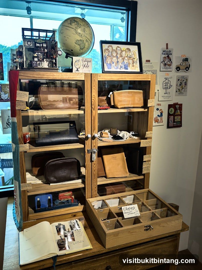 Display cabinet with leather goods and decorative items