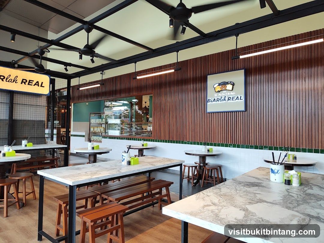 Interior of a cafe with wooden accents and marble-patterned tables