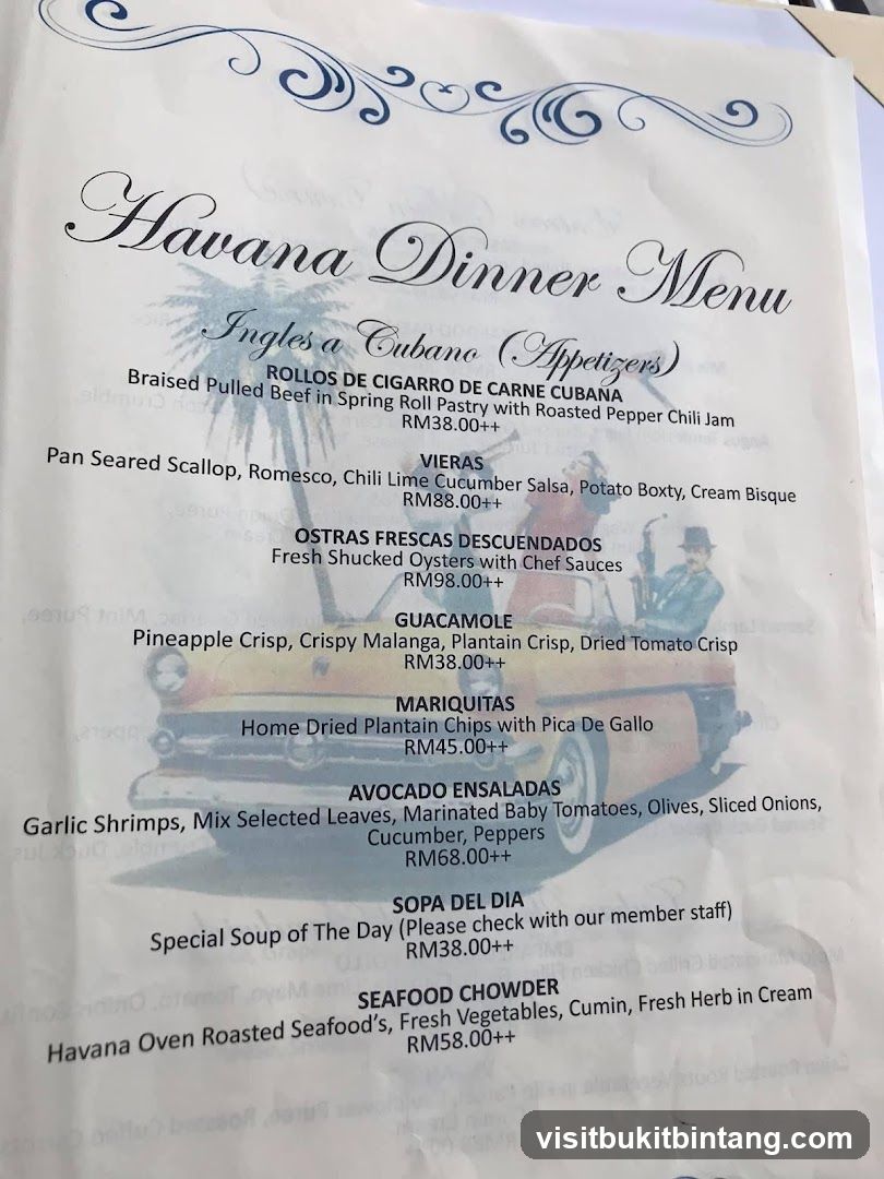Havana Dinner Menu
