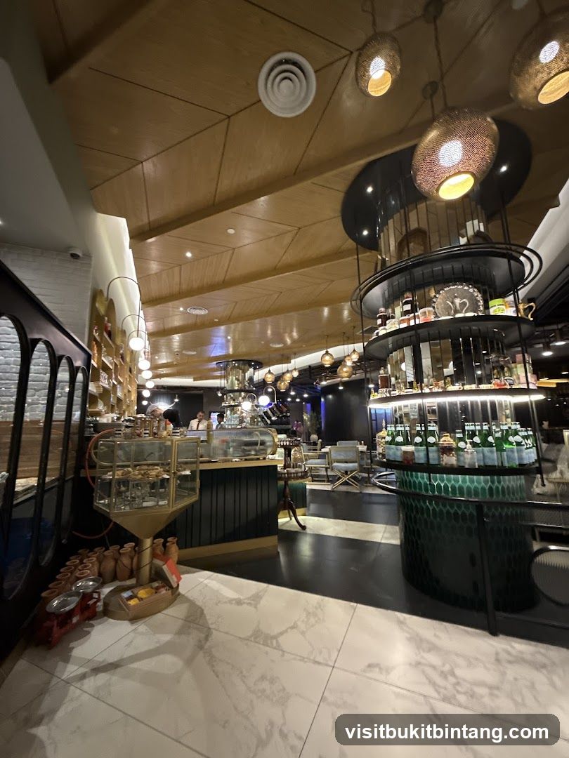 Interior of a cafe with display shelves and seating