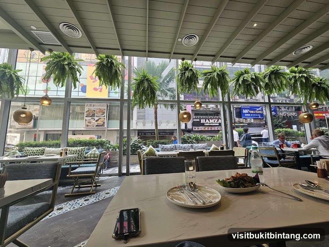 Restaurant Interior with Hanging Plants