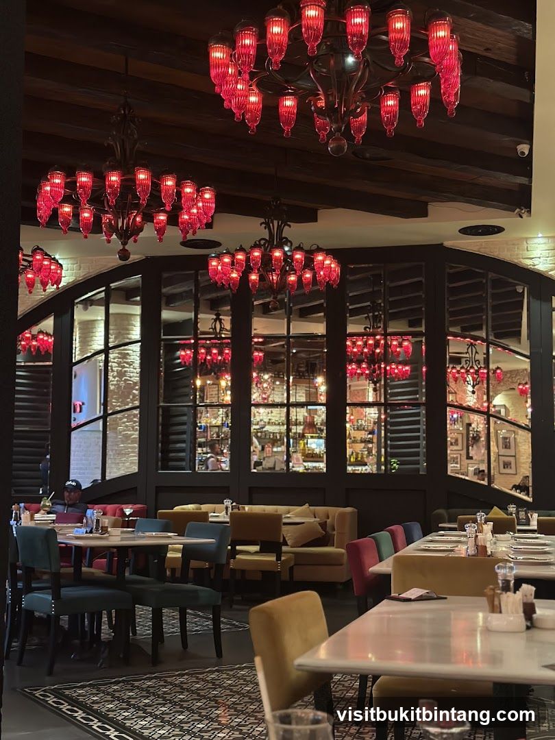 Restaurant Interior with Red Chandeliers
