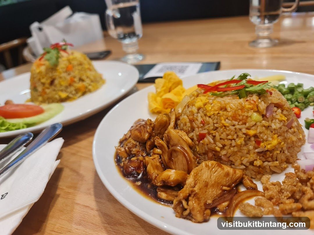 Two plates of fried rice with chicken