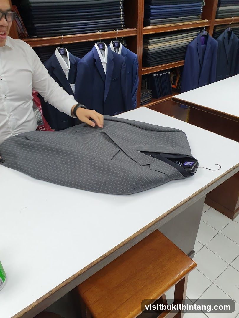 Tailor showing a pinstripe suit jacket