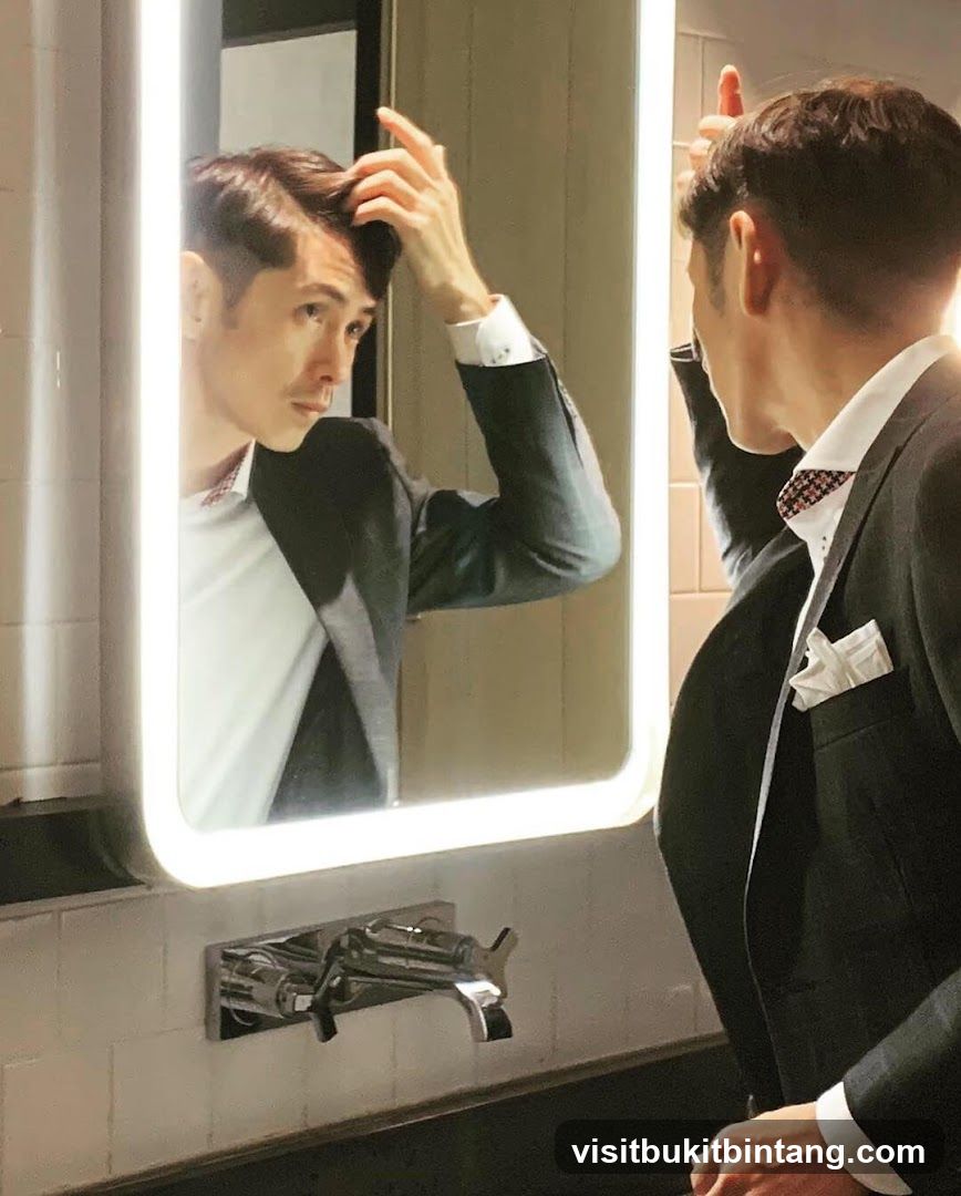 Man adjusting hair in mirror