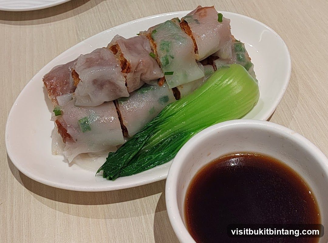 Steamed Rice Rolls with Bok Choy and Dipping Sauce