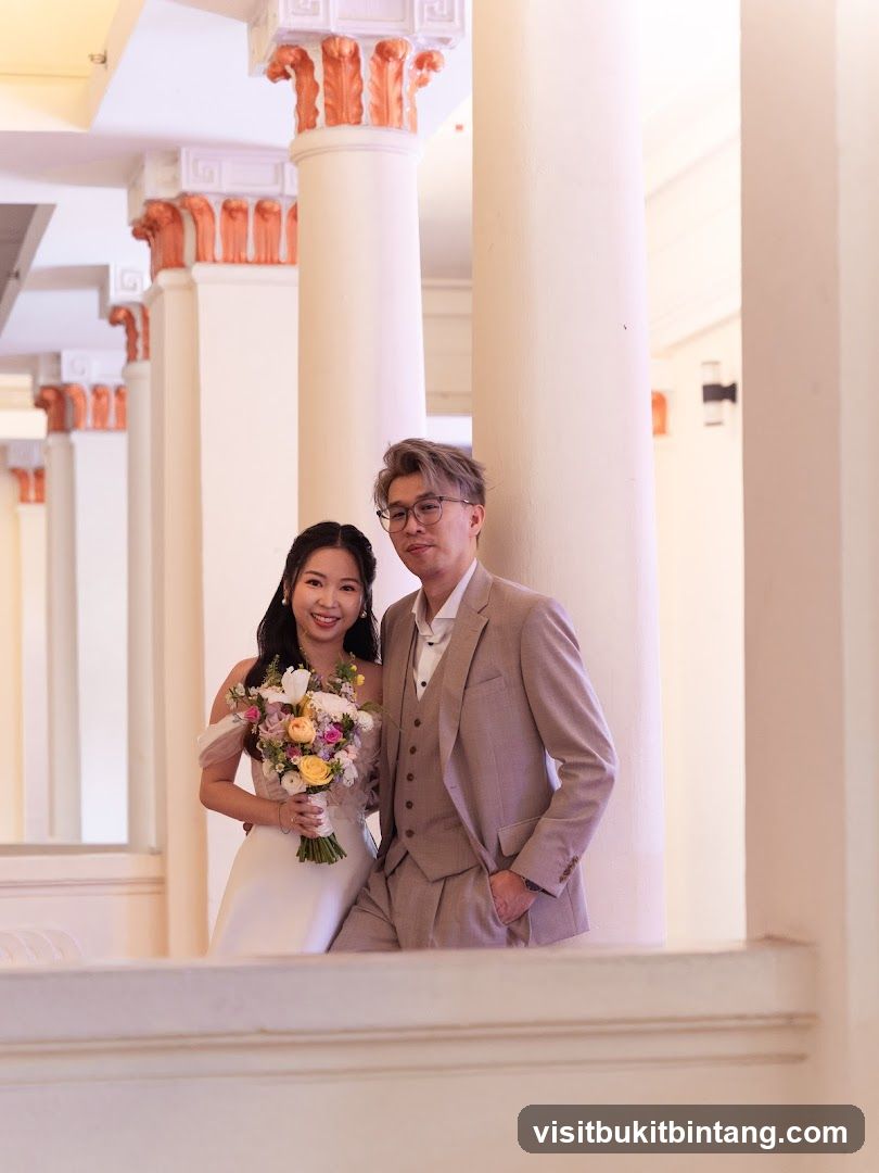 Wedding Couple Posing by Columns