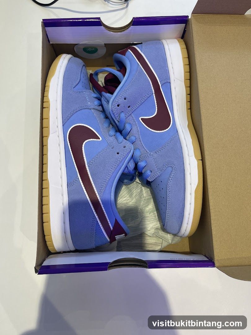 Pair of Blue and Burgundy Nike Dunk Low Sneakers in Box