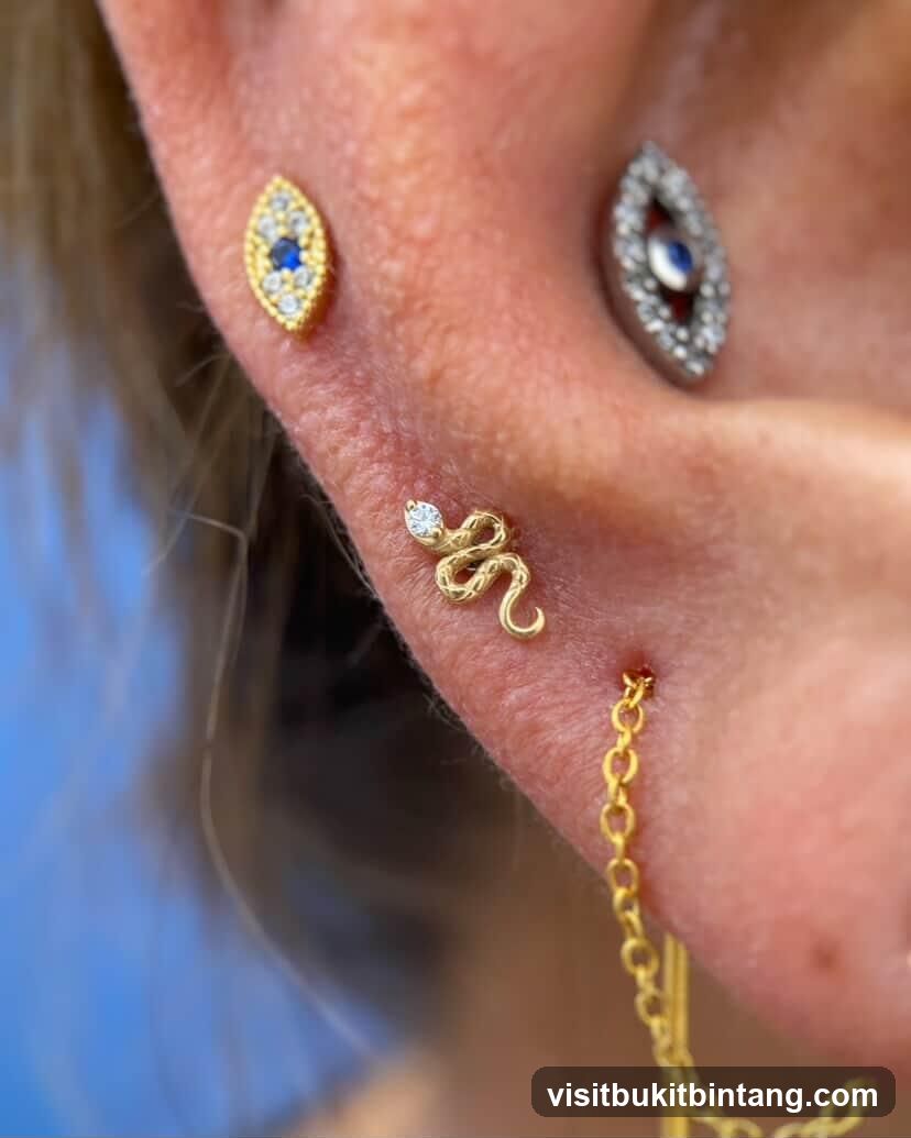 Close-up of ear piercings with jewelry