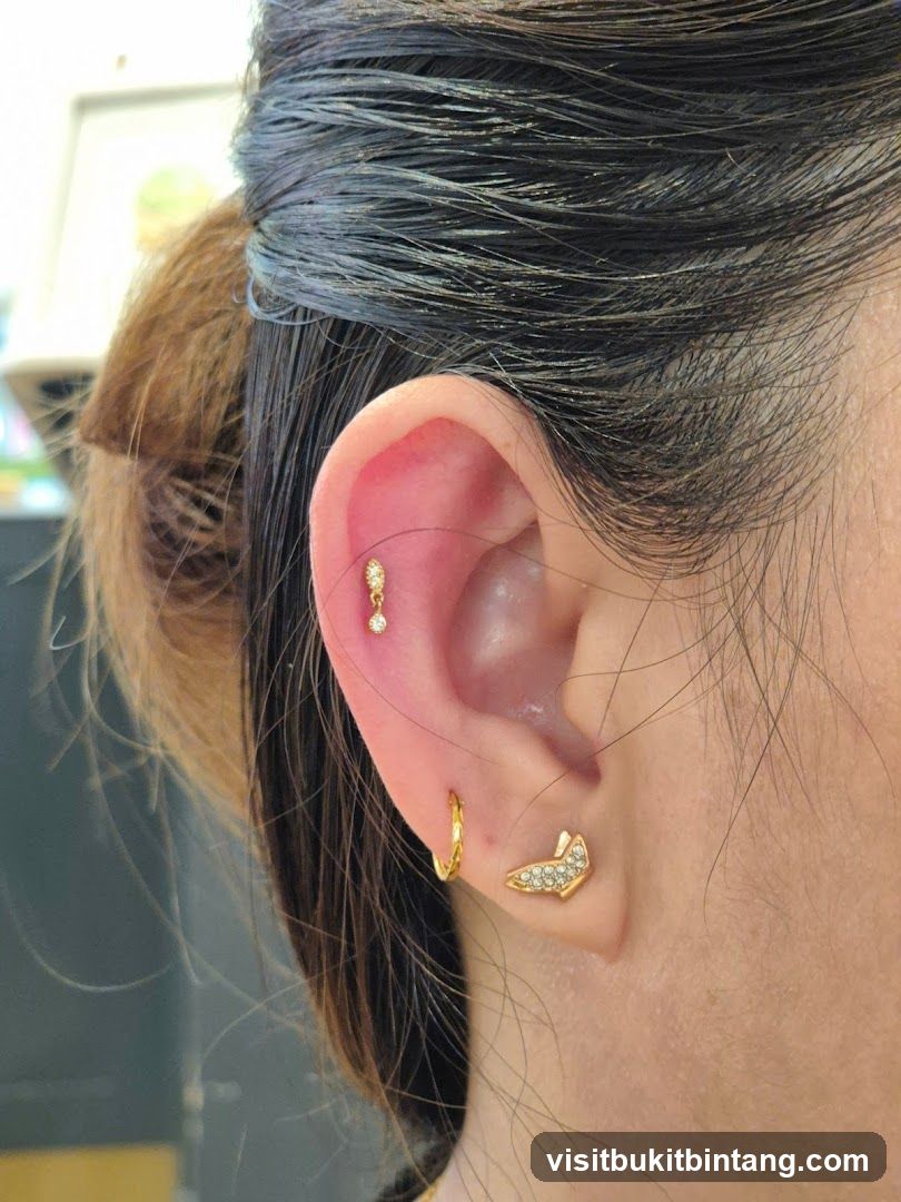 Close-up of a woman's ear with piercings and jewelry