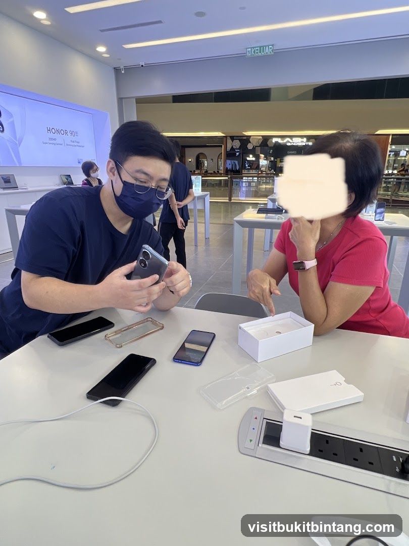 Customers examining phones in a store