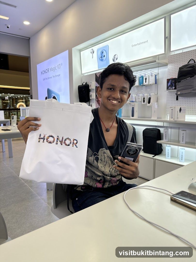 Young man holding a shopping bag and a phone in a store