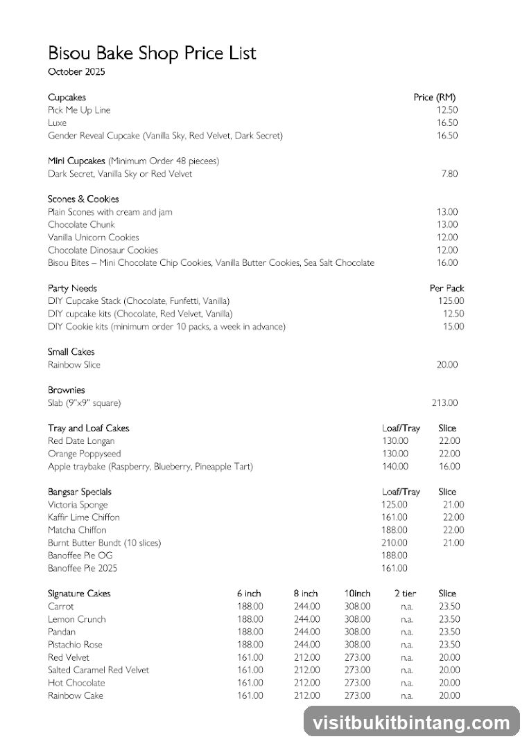 Bisou Bake Shop Price List