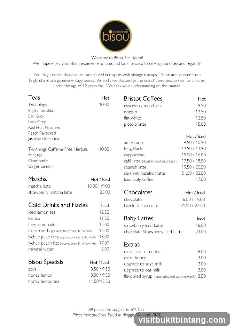 Bisou Tea Room Menu