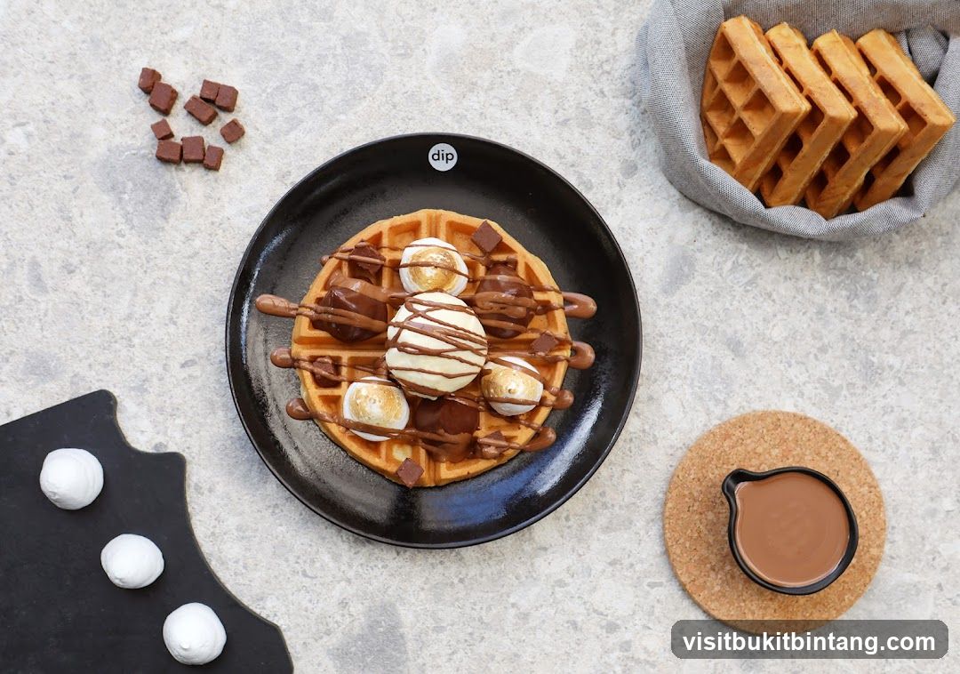 Waffle with ice cream and marshmallows
